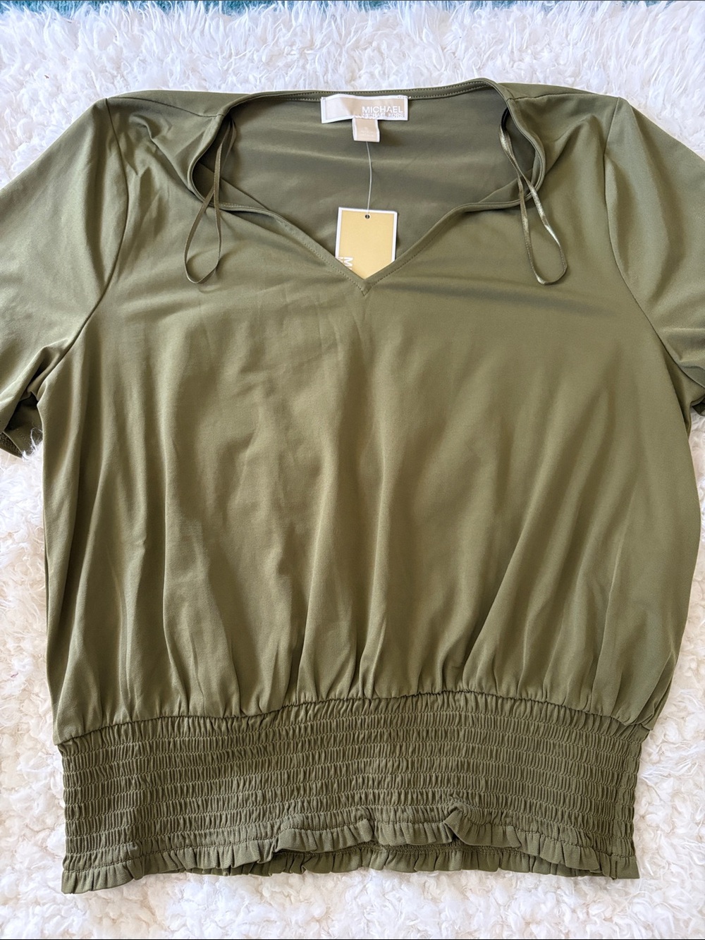 Michael Kors Olive Green V-Neck Tie Blouse with Smocked Waist